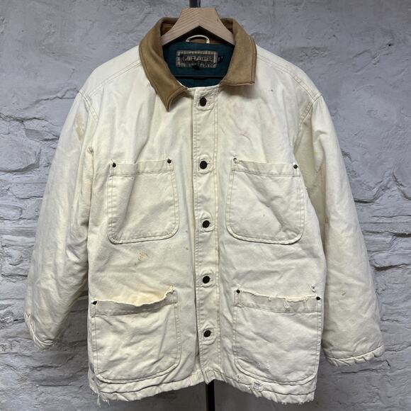 Mirage Vtg 90s Canvas Chore Coat Quilted Lined Faded Distressed Leather Collar - Picture 1 of 10